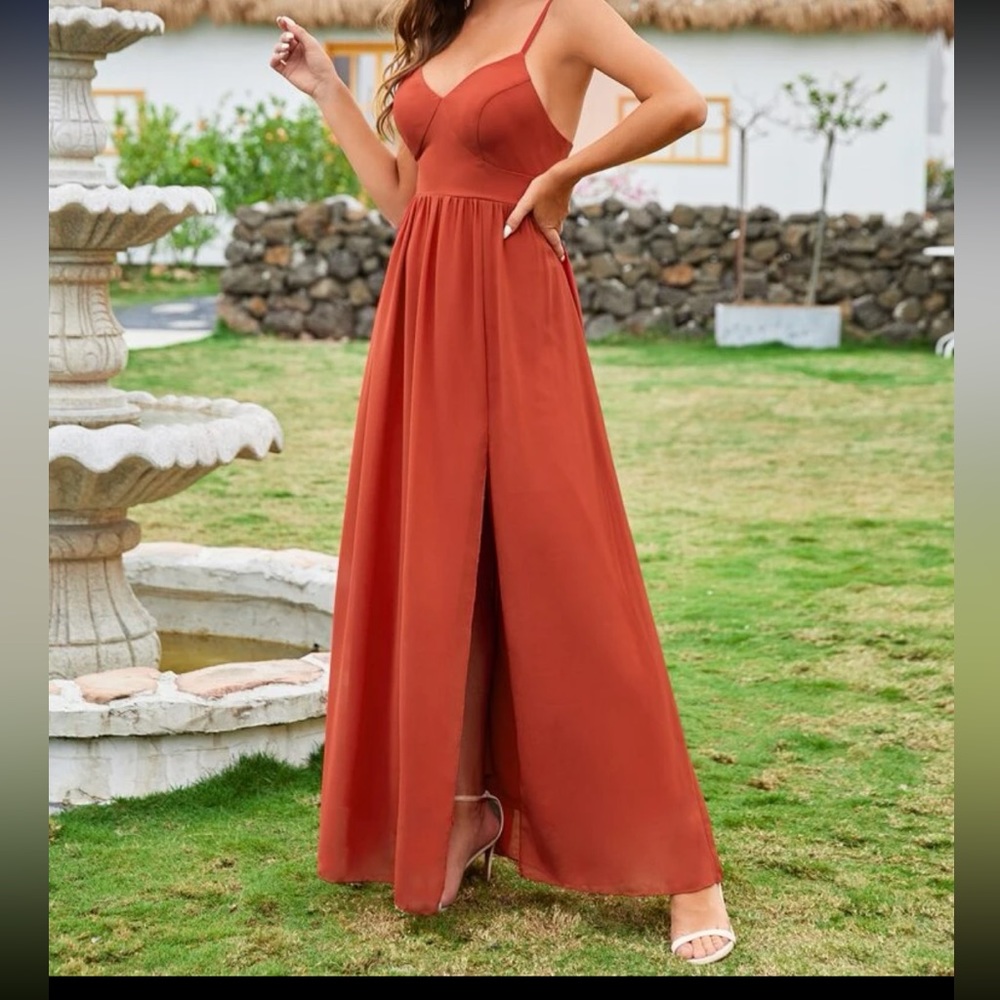 Criss-cross open back bridesmaid prom formal maxi dress medium